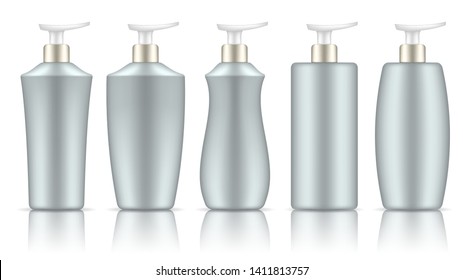 Colorful mock up bottles for cosmetics. Vector set of different shapes with reflection on white background.