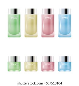 Colorful mock up cosmetic bottles collection. Perfume flacon or cosmetic cream jars set. Vector illustration for design use.