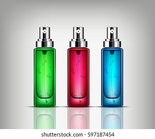 colorful mock up cosmetic bottles for design use, isolated white background, 3d illustration