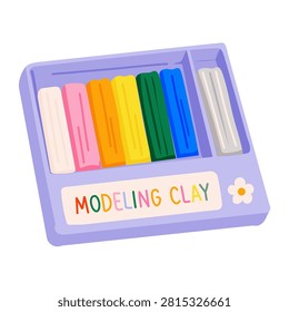 Colorful modeling clay set in a purple box with six bright clay bars and sculpting tool. Cute craft supplies vector illustration for kids, school art, creativity and DIY projects