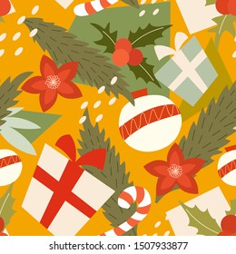Colorful modern abstract christmas pattern with various traditional decorative elements and symbols. Vector seamless texture.