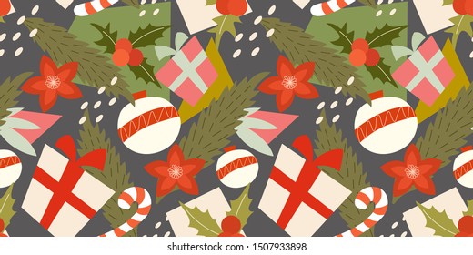 Colorful modern abstract christmas pattern with various traditional decorative elements and symbols. Vector seamless texture.