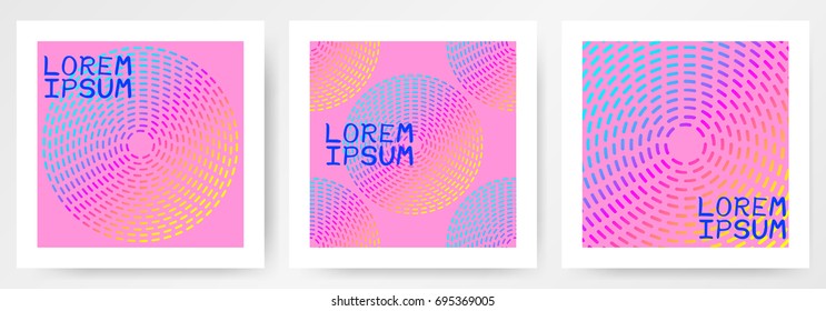 Colorful modern abstract posters, card with linear circles, gradients, textures, geometrical shape on pink background. Covers, templates. Vector illustration.