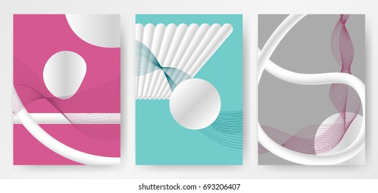 Colorful modern abstract posters, covers, templates with gradient circles, thin line smoke wave, white liquid shape on pink, blue, gray background. Vector illustration.