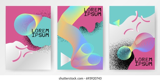 Colorful modern abstract posters with gradients, circles, thin line smoke shape, color fluid geometrical shape on pink, blue, gray background. Covers, templates. Vector illustration.