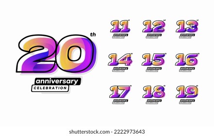 Colorful modern anniversary celebration logotype set. 11, 12, 13, 14, 15, 16, 17, 18, 19, 20