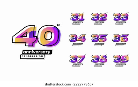 Colorful modern anniversary celebration logotype set. 31, 32, 33, 34, 35, 36, 37, 38, 39, 40