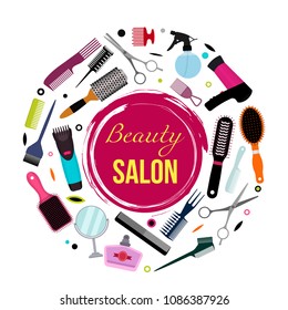 A colorful modern banner with a set of various combs, a hair dryer, scissors for a hairstyle. Hairdressing equipment. The concept of beauty salon. flat vector illustration isolated on white background