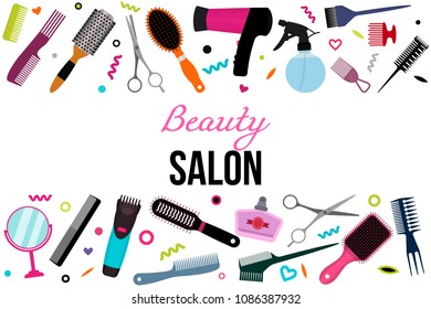 A colorful modern banner with a set of various combs, a hair dryer, scissors for a hairstyle. Hairdressing equipment. The concept of beauty salon. flat vector illustration isolated on white background