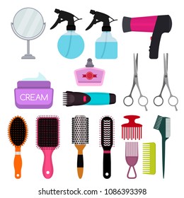 Colorful modern banner with a set of various combs, hair dryer, scissors, mirrors and clippers. Hairdressing equipment. The concept of beauty salon. flat vector illustration isolated on white 