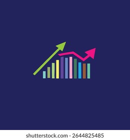A colorful and modern business chart icon featuring bar and line graphs with upward arrows. Ideal for use in financial reports, data analysis, marketing presentations, statistics dashboards, startup g