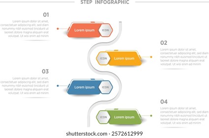 Colorful Modern Business vector infographic design template with icons and 4 options or steps. Can be used for process diagram, presentations, workflow layout, banner, flow chart, info graph