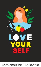 Colorful modern card or poster with woman portrait and positive message. Vector illustration with lettering.