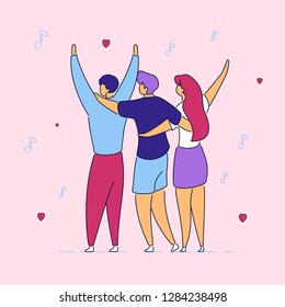 Colorful modern cartoon flat characters express emotions on demonstration,meeting or music fest,hand drawn style.Flat small people,cartoon woman and men raising hands,hugging,rejoice or protest