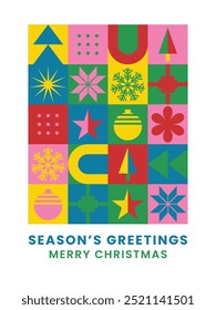 Colorful Modern Christmas Card Design - Seasonal Greetings with Geometric Holiday Icons on Green Background