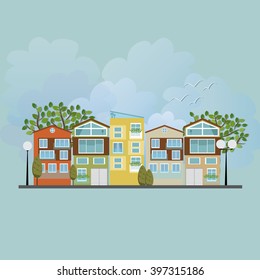 Colorful modern city. Apartments For Rent / Sale, Real Estate. Cute buildings with street lamps and trees
