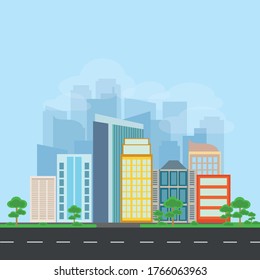 a colorful modern city with a sky background and a road ahead. 