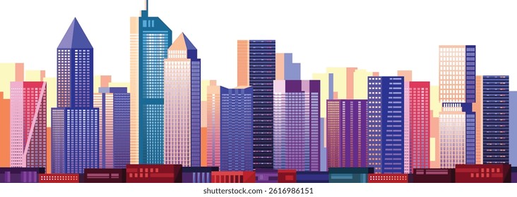 Colorful modern city skyline with skyscrapers in flat vector style on white background.