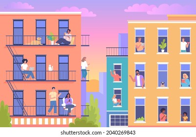 Colorful modern cityscape buildings and happy neighbors greet and communicate