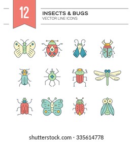 Colorful and modern collection of insects made in thin line vector style. Bug symbols, nature elements.