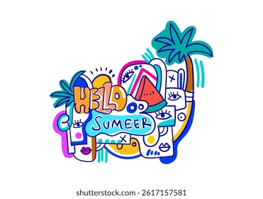 Colorful modern cubism pop art illustration featuring tropical summer elements like the sun, sea, and palm trees. 
