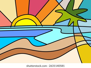 Colorful modern cubism style illustration of a tropical beach during summer.