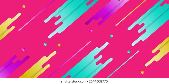 Um design moderno e colorido que consiste em linhas diagonais e pontos coloridos que se movem na mesma direção em um fundo rosa brilhante.