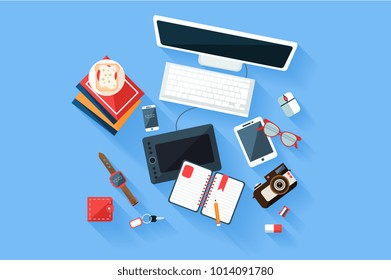 Colorful modern designer workplace top view. Desk with computer monitor and keyboard, graphic tablet, diary and books, phone, camera, sandwich. Trendy flat vector
