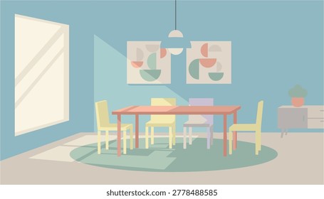 Colorful modern dining set with abstract wall art and pendant light in a bright room