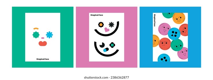 Colorful modern elements, art that plays with shapes to represent human faces. Design vector illustration with circles triangles squares hexagons hearts spirals flowers stars other shapes unusual way