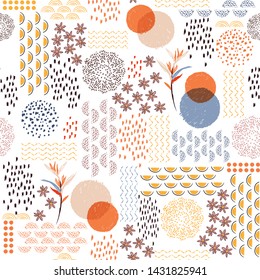 Colorful Modern exotic hand drawn line and dots  doodle sketch florals ,silhouette shape seamless pattern design 