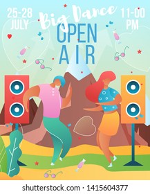 Colorful modern flat cartoon characters dancing on holiday open air,party,music fest-flyer banner poster summer design.Flat people cartoon woman and man rocking,dance,having fun happy time together
