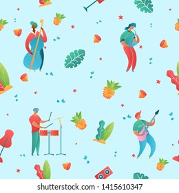 Colorful modern flat cartoon characters playing drums,sax,double bass,guitar-holiday music fest,party,open air flyer banner poster summer design.Flat people cartoon musicians,seamless pattern