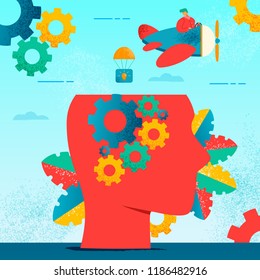 Colorful modern flat characters brain neurology concept.Flat style pilot character on airplane making Brain works,helping idea birth,dropping thought bulb in human head on sky blue background