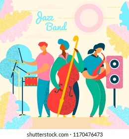 Colorful modern flat characters musical band,jazz,rock,blues concept.Musicians with instruments,sax,drums,double bass,loudspeakers.Stylish album cover-people playing music on abstract background