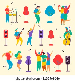 Colorful modern flat characters set for jazz,rock music fest concept-singer,musicians,guitar,sax,drums,double bass,loudspeakers. Happy people dancing,rejoice,making selfie on musical festival party