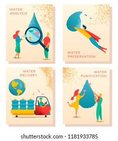 Colorful modern flat characters,water analysis,preservation,saving,delivery,purification Earth save ecology concept banners.Flat people researching,transport,cleaning waterdrops,grain noise textured