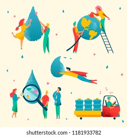 Colorful modern flat water cleaning,saving,conservation,analysis, Earth save ecology concept.Flat style characters,little people working-watering planet,washing,research,transport waterdrops