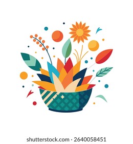 Colorful modern floral arrangement in a decorative bowl on a clean white background.