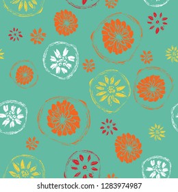 Colorful modern floral pattern. Brightly colored hand drawn flowers have a linocut look. Seamless vector all over print with trendy spring, summer colors for fashion, textiles, home decor and paper.