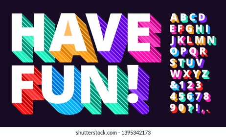 Colorful modern font. Striped 3d alphabet, funny lettering type and artistic vivid letters vector illustration set