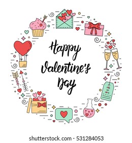 Colorful modern frame with linear icons for Valentine's Day and the wedding day with traditional attributes and hand lettering inscription. Flat design. Vector illustration