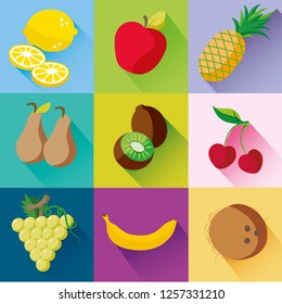 Colorful modern fruits set on different colors background: lemon, cherries, red apple, white grapes,  brown pears, coconut, banana, kiwi, pineapple, with long shadow. Vector image