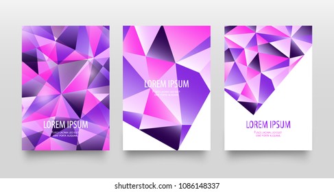 Colorful modern geometric abstract flyers or card set. Trendy bright purple violet colors. Beautiful pink blue design pattern background in low poly style