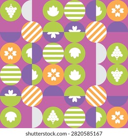 A colorful, modern geometric pattern circles and half-circles decorated with flower, leaves, grapes