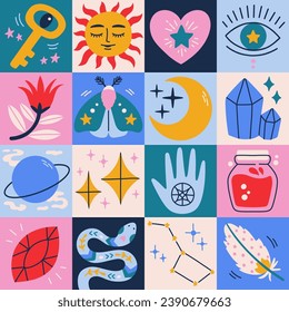 Colorful modern geometric pattern. Mystic celestial cartoon illustration with geometric shapes, eyes, moon and stars