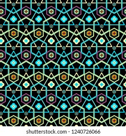 colorful modern geometric repeating pattern with hexagons and triangles with floral elements for textiles, fabric, backgrounds, interior design, wall art, posters, stationary, packaging and templates.