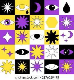 Farbiges, modernes geometrisches, nahtloses Muster. Abstrakter zeitgenössischer Vektorhintergrund. Mystische und Himmelskartoon-Illustration mit geometrischen Formen, Augen, Mond und Sternen