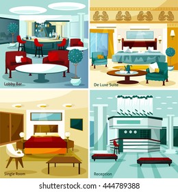 Colorful modern hotel interior lobby bar de luxe suite single room and reception 2x2 design concept cartoon vector illustration