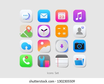 colorful modern icons set gray background, messages mail music calendar map clock calculator contacts upload gallery downloads camera phone settings notes files icons